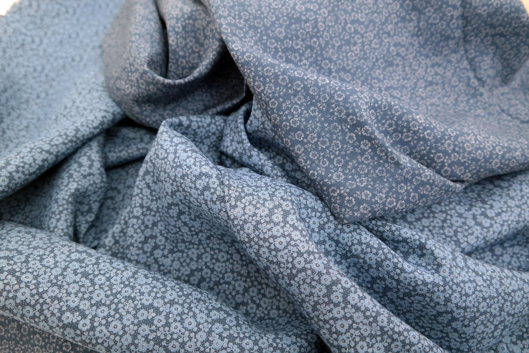 Linen Tencel Blue Flower Print Fabric (3729) - The Linen Lab - navy