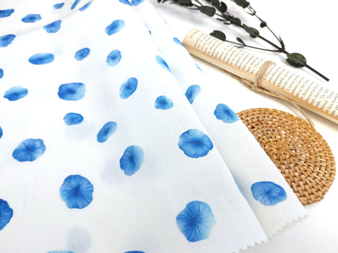 Linen Tencel Botanical Blue Print Fabric 7685 - The Linen Lab - Blue