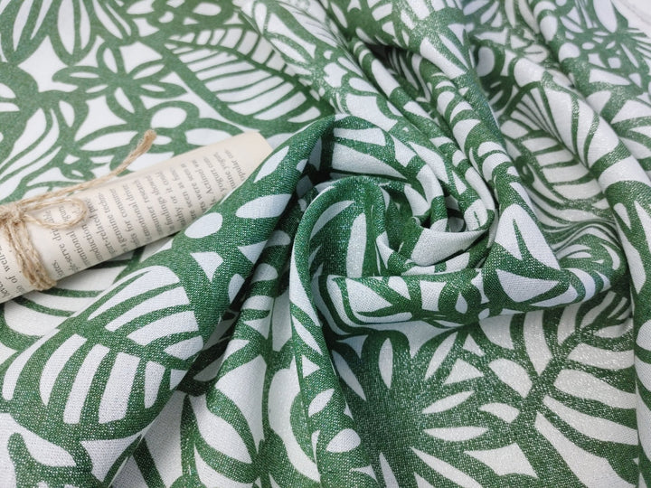 Linen Tencel Lurex Blend Fabric in Green Leaf Print 4082 - The Linen Lab - Green