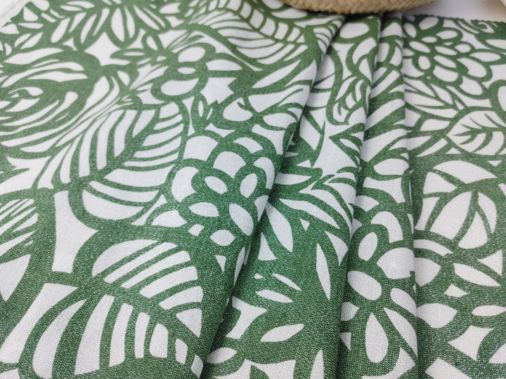Linen Tencel Lurex Blend Fabric in Green Leaf Print 4082 - The Linen Lab - Green