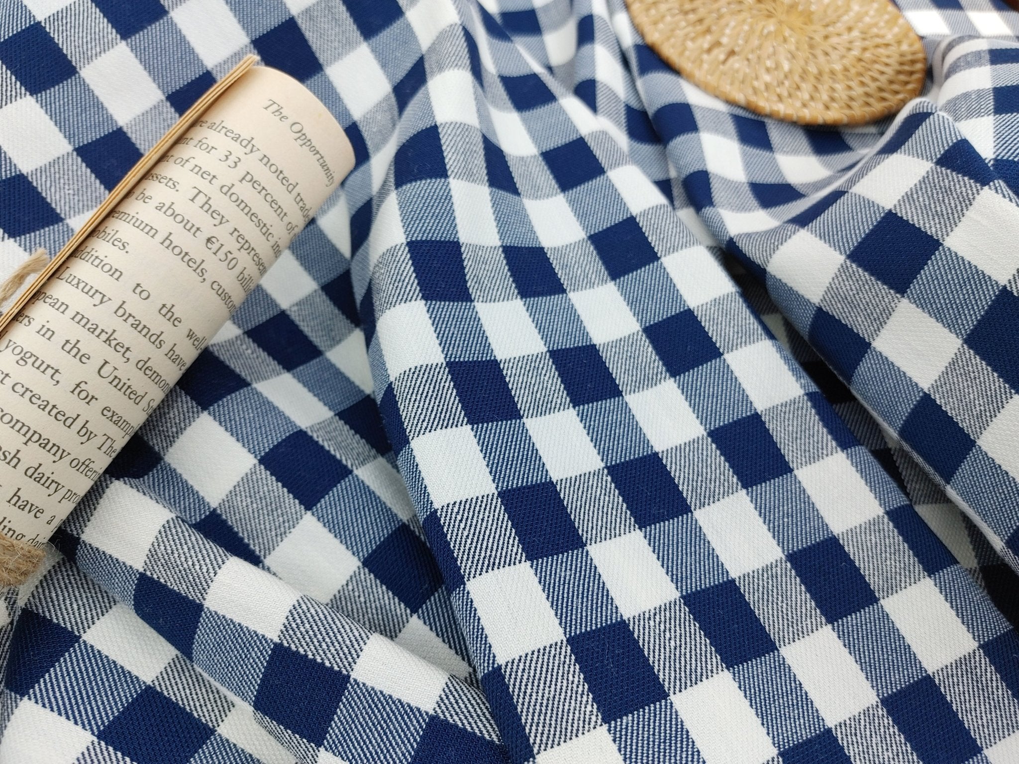 Linen Twill Stretch Fabric with Gingham Check - Medium Weight 7633 7634 - The Linen Lab - Blue