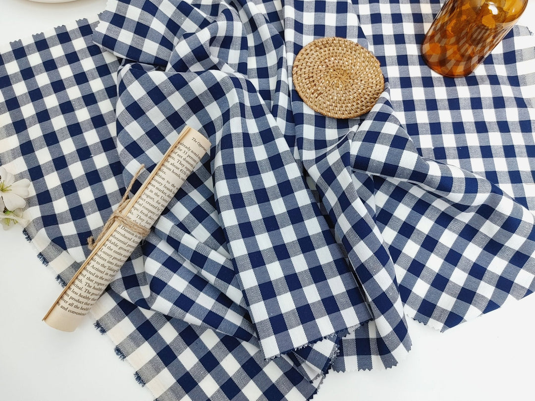Linen Twill Stretch Fabric with Gingham Check - Medium Weight 7633 7634 - The Linen Lab - Blue