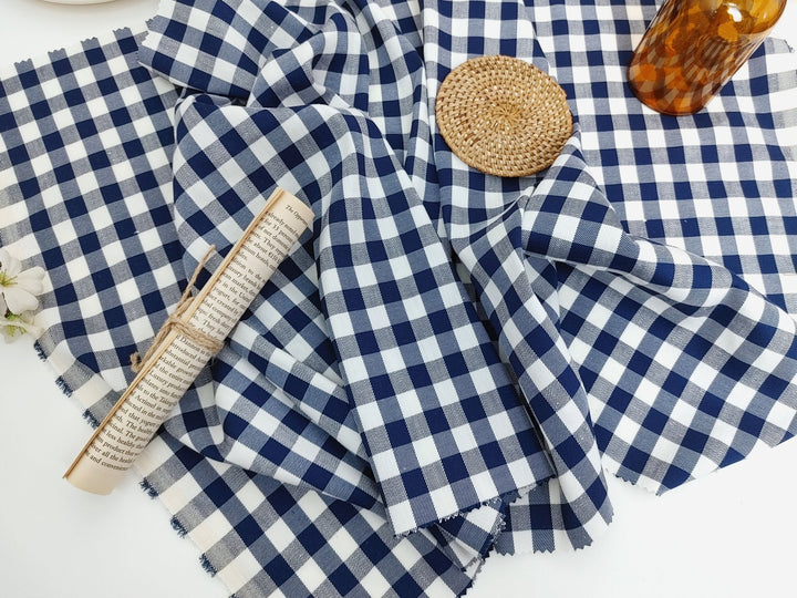 Linen Twill Stretch Fabric with Gingham Check - Medium Weight 7633 7634 - The Linen Lab - Blue