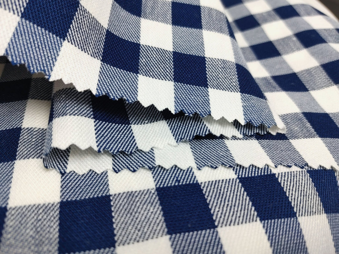 Linen Twill Stretch Fabric with Gingham Check - Medium Weight 7633 7634 - The Linen Lab - Blue