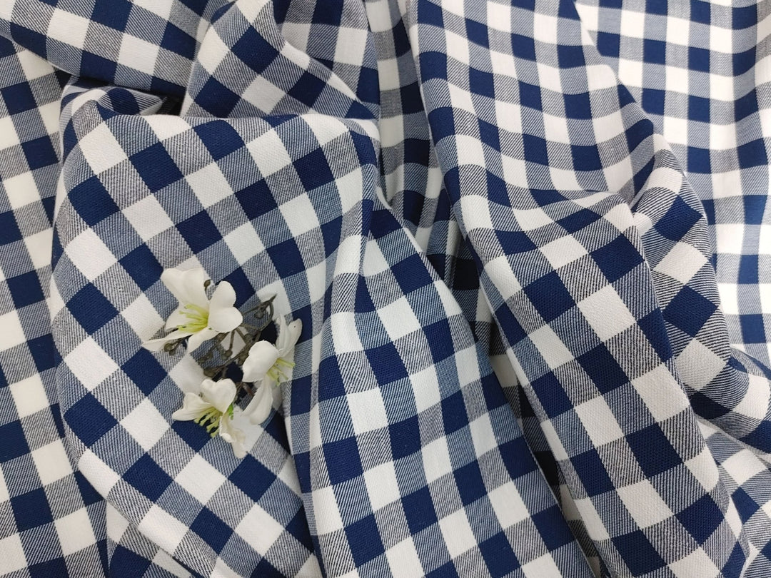 Linen Twill Stretch Fabric with Gingham Check - Medium Weight 7633 7634 - The Linen Lab - Blue