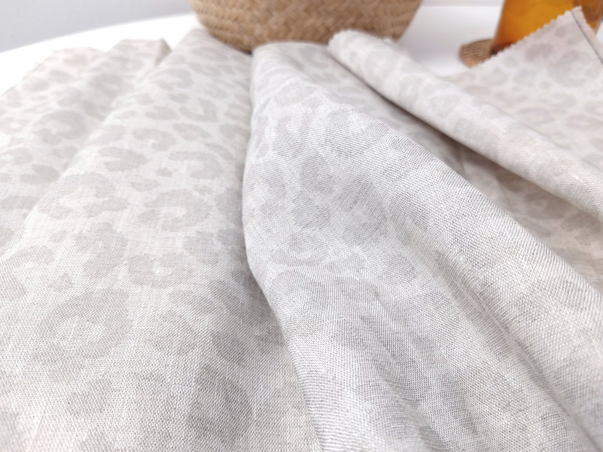 Luxe Safari Elegance: 100% Linen Fabric in Natural Hue with Gold Foil Leopard Print - The Linen Lab - Natural