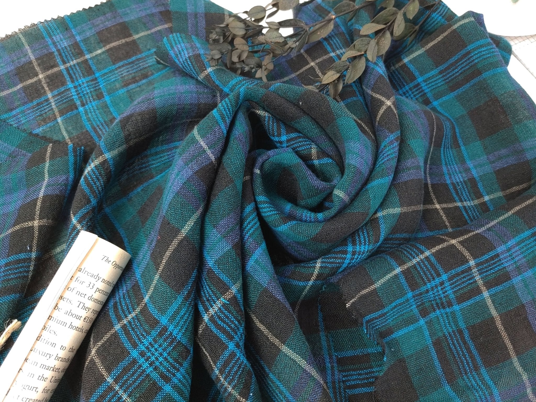 Mystic Forest Noir: Linen Polyester Twisted Black-Green Plaid Fabric 7327 - The Linen Lab - Green(Dark)