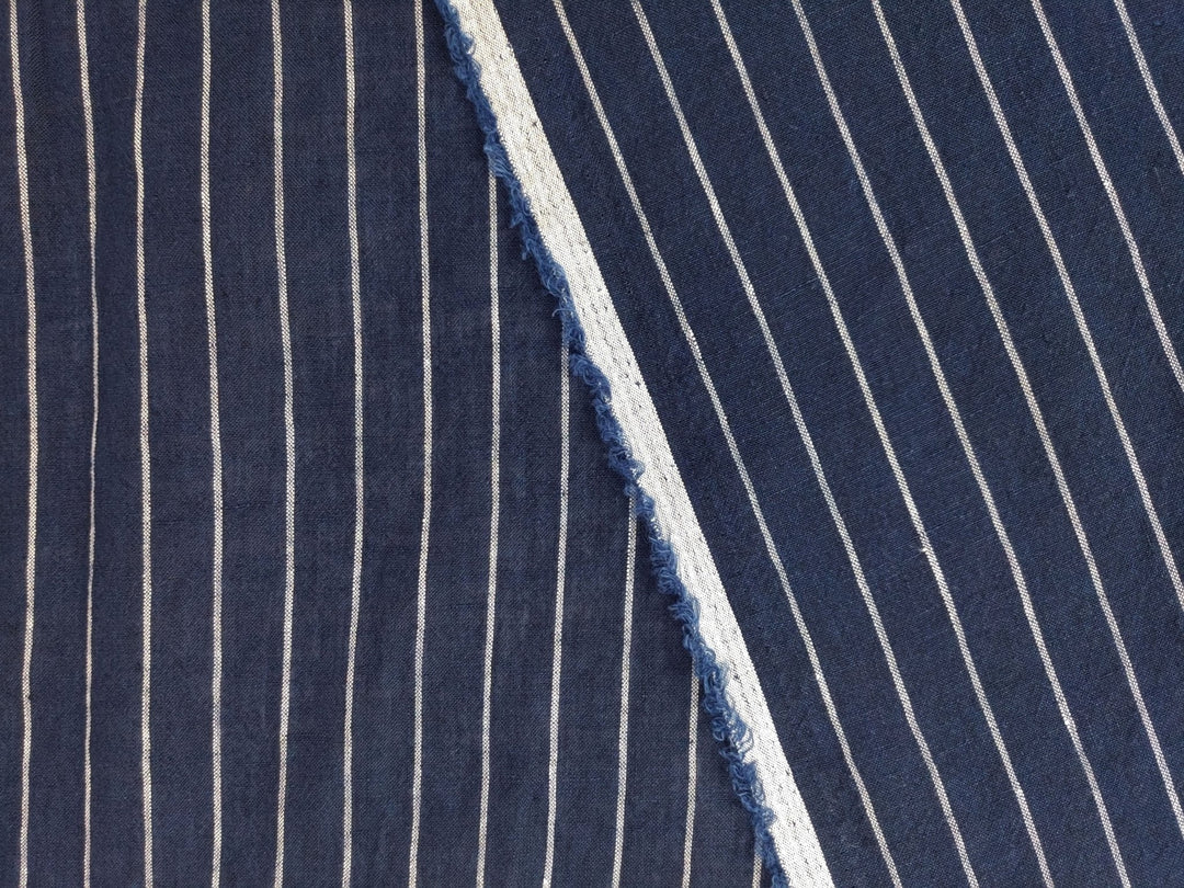 Navy Blue & White Striped Linen Fabric - 100% Natural, 21S Thread for Classic Style 7841 - The Linen Lab - Navy