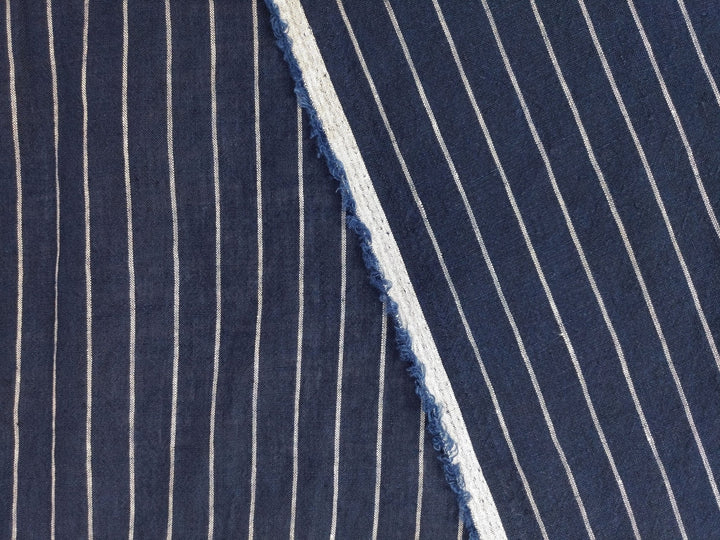 Navy Blue & White Striped Linen Fabric - 100% Natural, 21S Thread for Classic Style 7841 - The Linen Lab - Navy