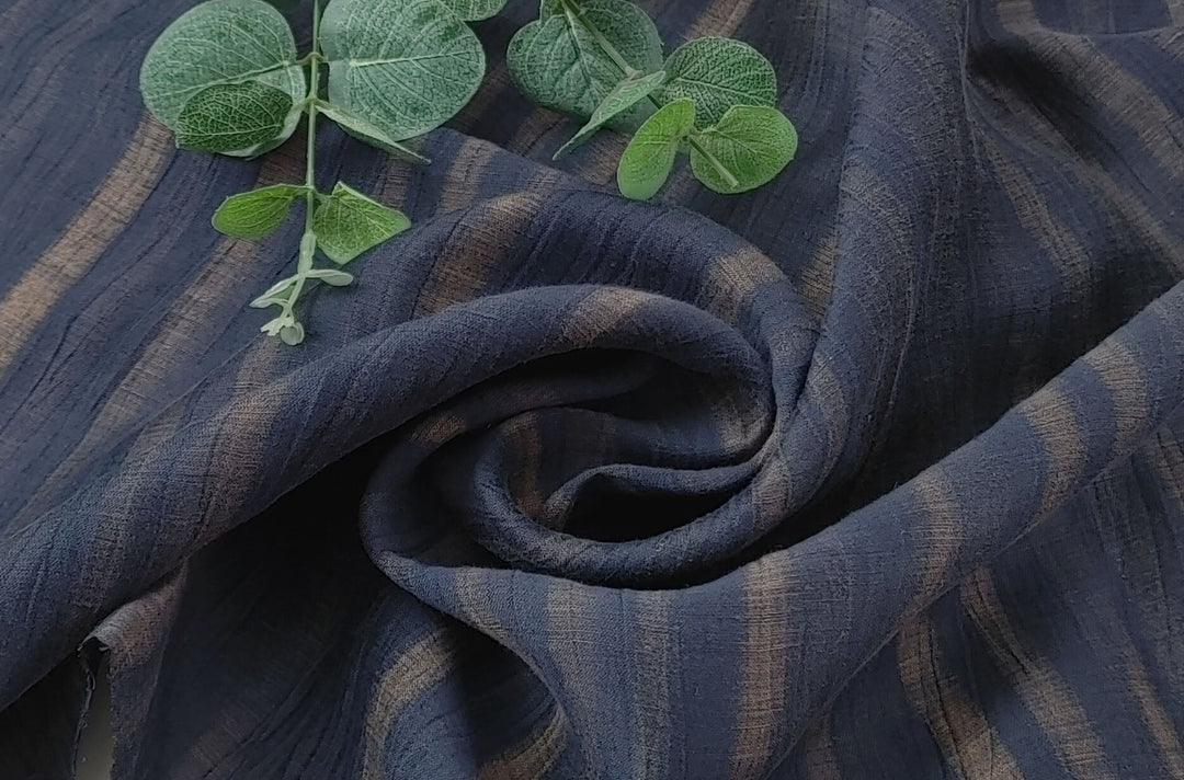 Navy Linen Nylon Fabric with Striped Print and Crease Effect 4262 - The Linen Lab - Navy