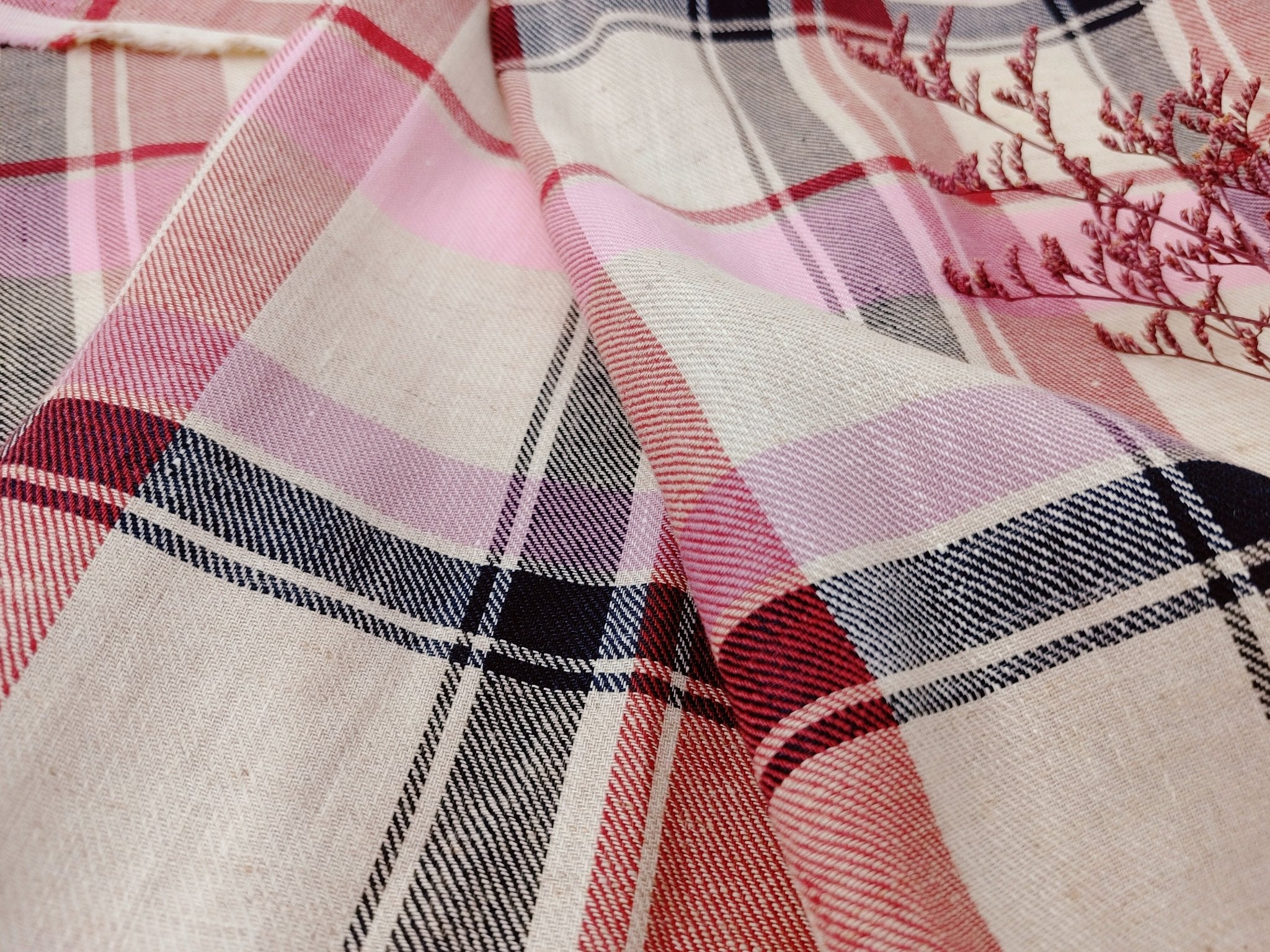 Rosy Check: Pink Linen Cotton Twill Plaid Fabric 4213 - The Linen Lab - Pink