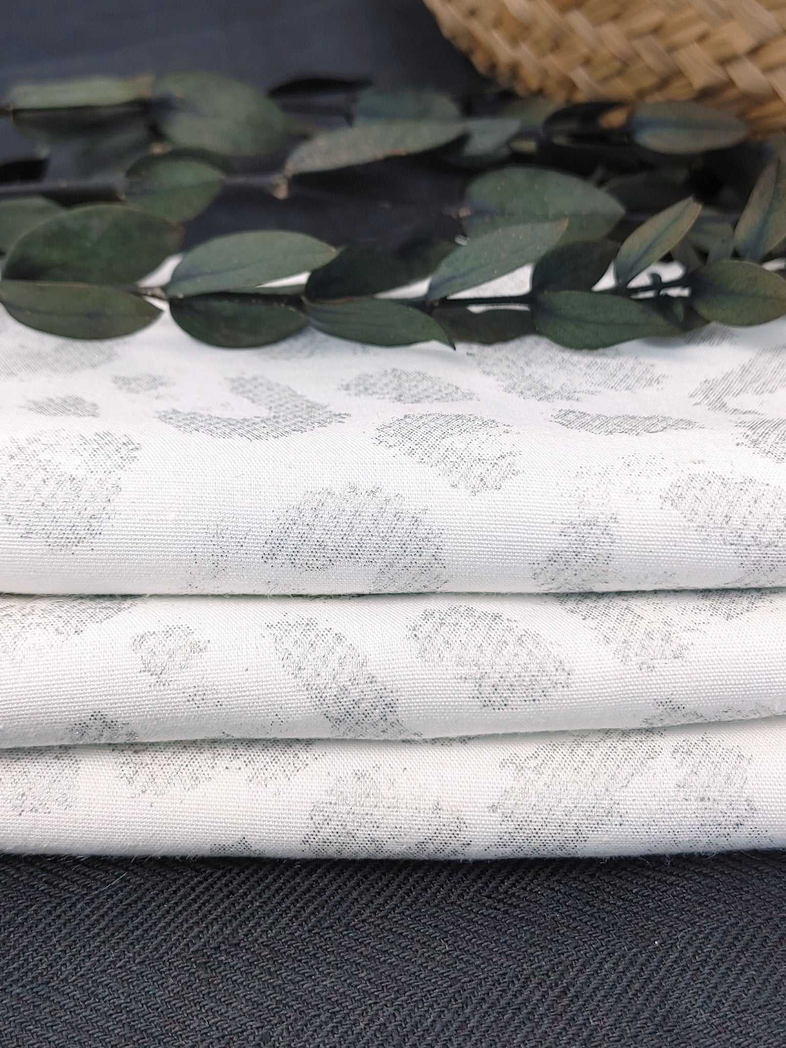 Silver Leopard: White Linen Rayon Fabric with Silver Foil Print 3668 - The Linen Lab - White