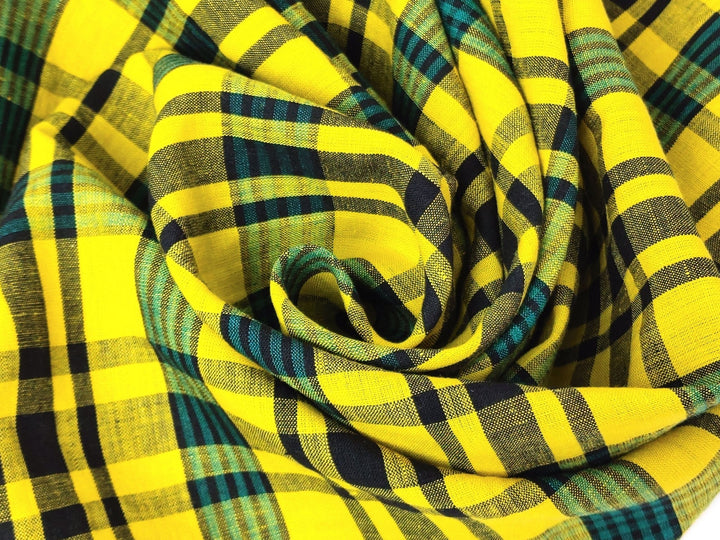 Sunny Fields: Yellow, Black and Green Linen Cotton Plaid Fabric 6619 - The Linen Lab - Yellow