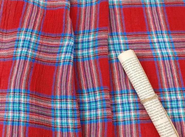 Vibrant Wrinkle-Textured Plaid: Linen Polyester Blend for Effortless Style 7580 - The Linen Lab - Red
