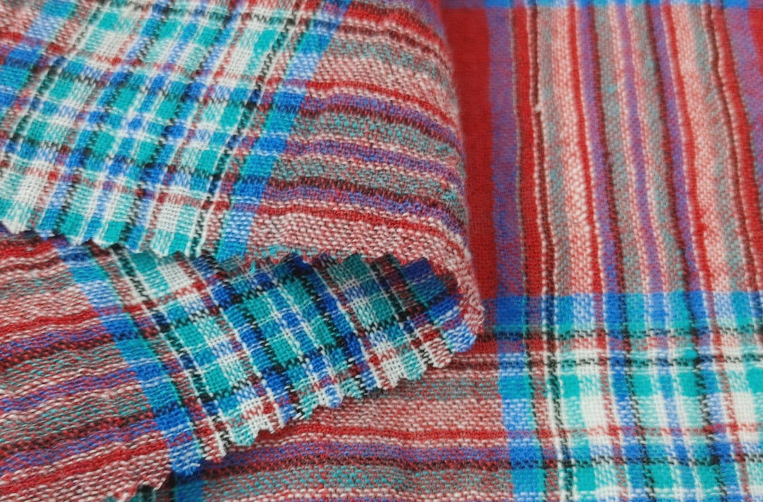 Vibrant Wrinkle-Textured Plaid: Linen Polyester Blend for Effortless Style 7580 - The Linen Lab - Red