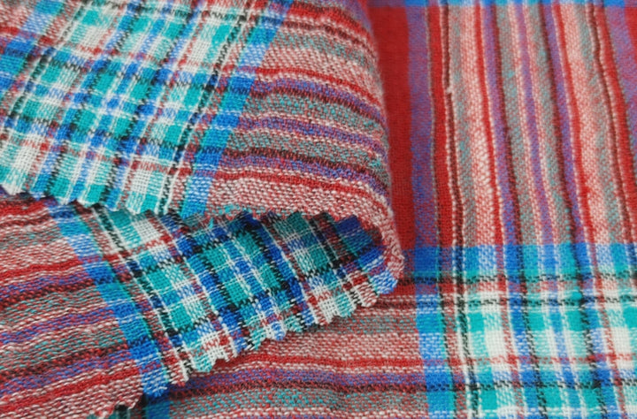 Vibrant Wrinkle-Textured Plaid: Linen Polyester Blend for Effortless Style 7580 - The Linen Lab - Red