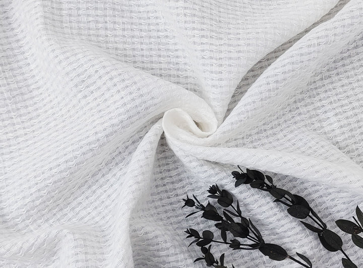 White Linen Cotton Dobby with Uneven Weave and Check Pattern 4899 - The Linen Lab - White
