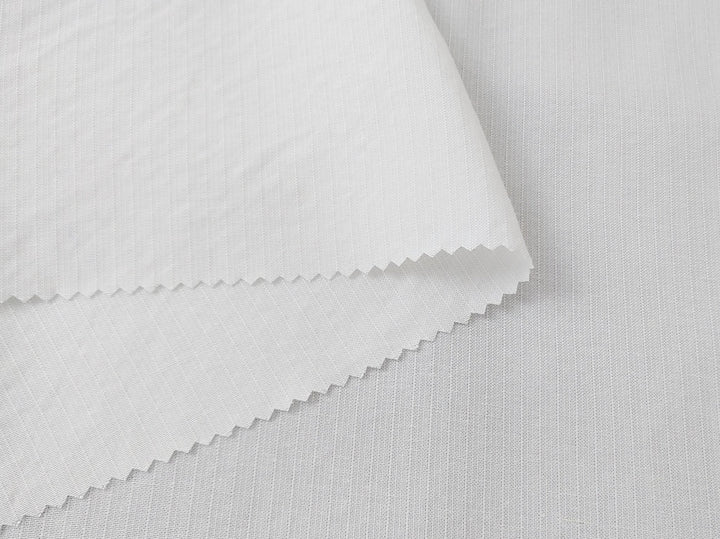 White Linen-Rayon Fabric with Delicate Stripes and Subtle Wrinkle Effect 7648 - The Linen Lab - White