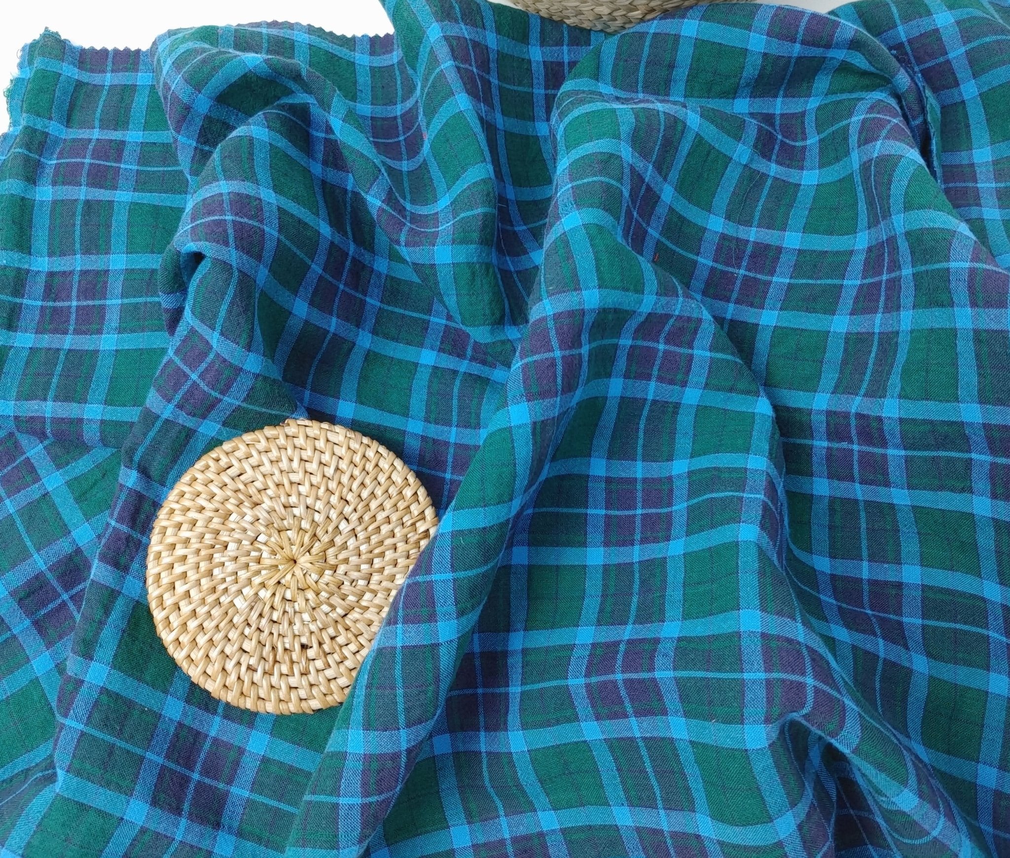 Wrinkled Tartan Fabric: Linen Cotton PU in Green, Wrinkled Effect 7360 - The Linen Lab - Green
